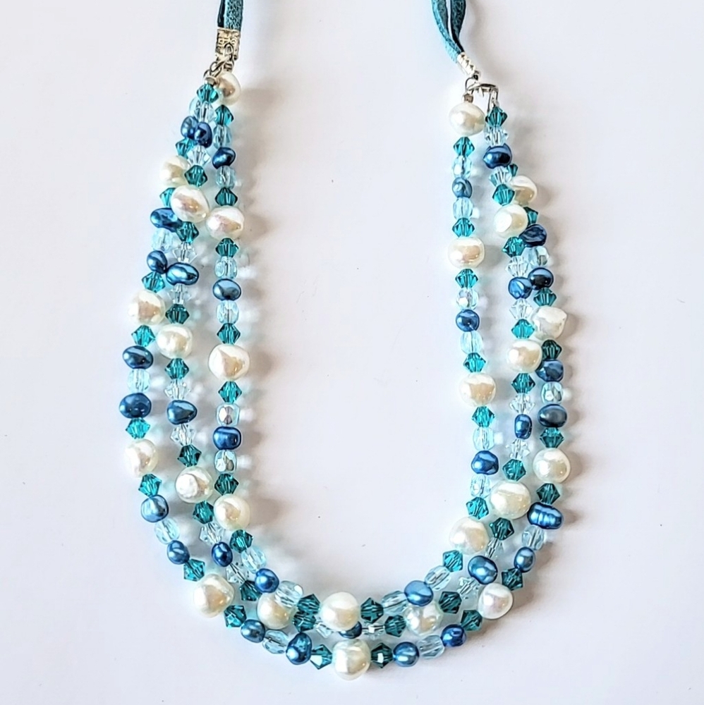 BLUE & WHITE PEARL & AQUA CRYSTAL NECKLACE - TRIPLE STRAND, STERLING CLASP